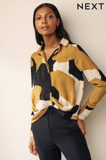 Black/Brown Abstract Patch Twist Front Long Sleeve Sheer Textured Blouse (524346) | £28