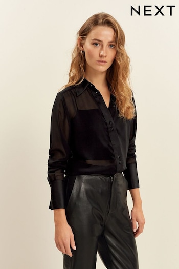 Black Satin Trim Long Sleeve Sheer Shirt (524370) | £28