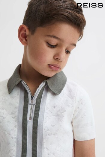 Reiss Ecru/Green London Senior Cotton Knitted Half-Zip Polo insulated T-Shirt (524373) | £42