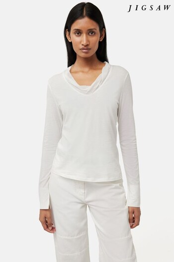 Jigsaw Cream Tulle Trim Long Sleeve T-Shirt (524392) | £65
