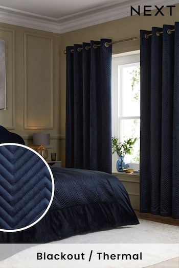 Navy Blue Madison Velvet Blackout/Thermal Eyelet Curtains (525449) | £75 - £175