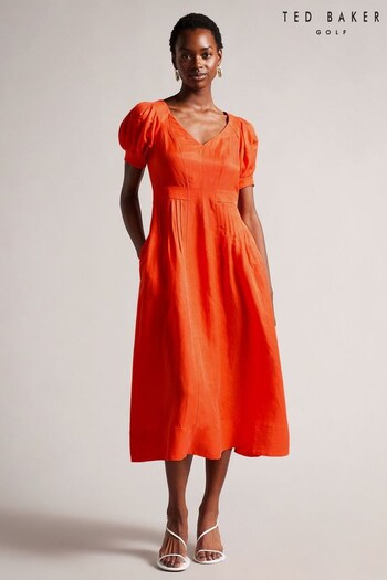 Ted Baker Orange Opalz Fit And Flare Puff Sleeve Midi Dress (525733) | £225