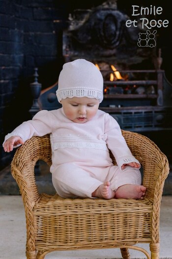 Emile Et Rose Pink Knitted All-In-One With White Bobble Lace Edge, Bow & Hat (525805) | £50