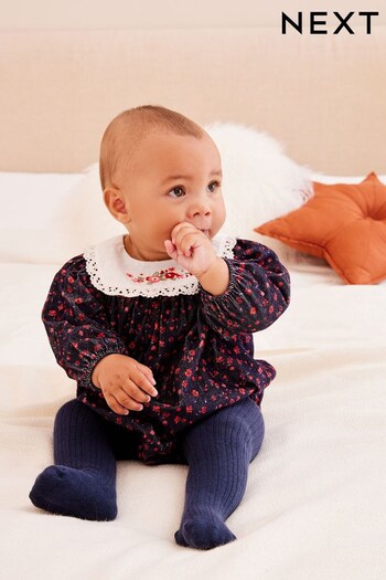 Navy Embroided Flower Baby Woven Bloomer Romper with Tight Set (0mths-3yrs) (526011) | £19 - £21