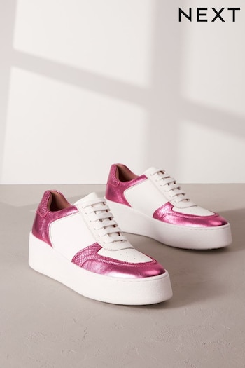 White/Pink Signature Leather Retro Chunky Wedge Platform Trainers (526108) | £55