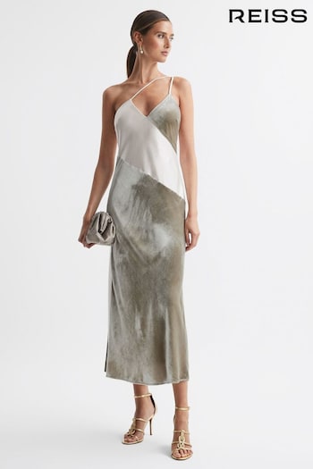 Reiss Silver Keeley Silk-Velvet Asymmetric Strap Midi Dress (526271) | £248