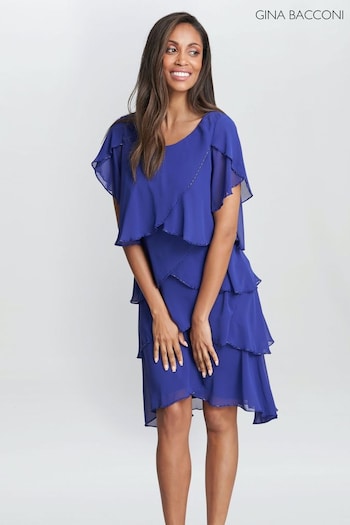 Gina Bacconi Blue Trysta Bugle Beaded Trim Tiered Cocktail Dress With Flitter Sleeves (526651) | £115