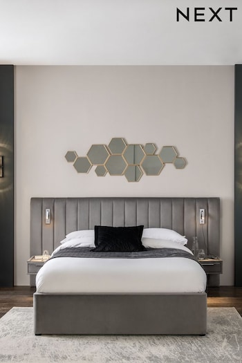 Opulent Velvet Steel Grey Mayfair Upholstered Hotel Bed Frame with Ottoman Storage, Bedside Tables and Lights (526938) | £1,199 - £1,399