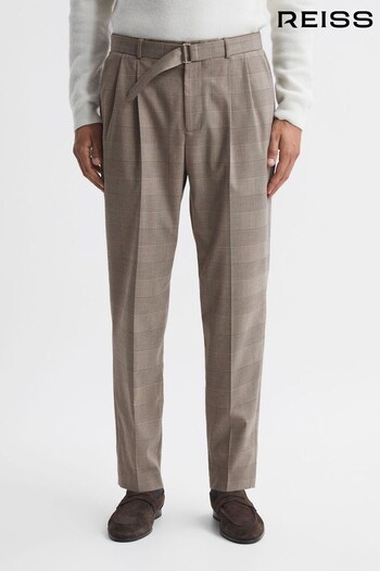 Reiss Brown Rail Prince of Wales Check Belted Trousers (527355) | £148