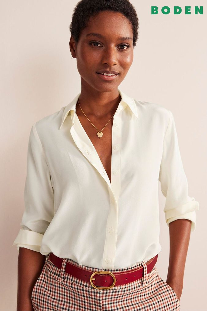 Buy Women s Shirts Cream Plain Silk Tops Online Next UK