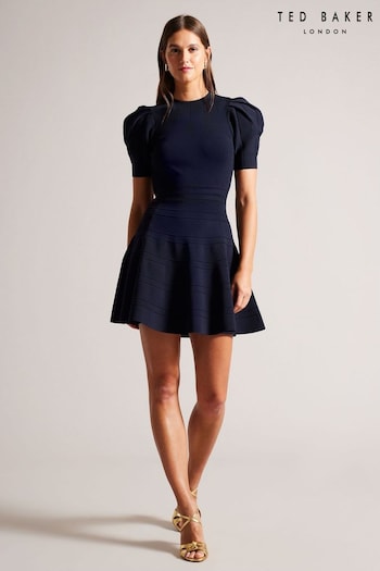 Ted Baker Blue Velvey Puff Sleeve Dress With Engineered Skirt (527935) | £175