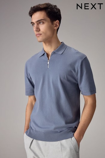 Blue Knitted Regular Fit Zip Polo Geo Shirt (527944) | £24