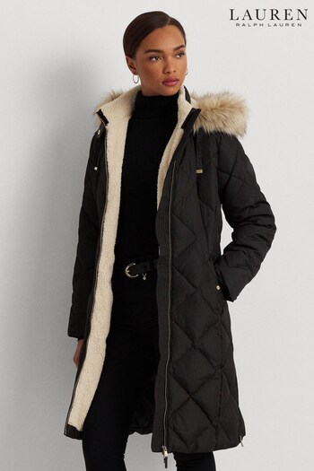Lauren Ralph Lauren Black Faux Fur–Trim Hooded Down Puffer Coat (528359) | £319