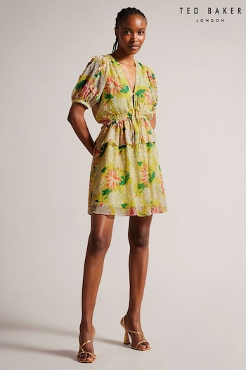 Ted Baker Yellow Isabella Mini Dress With Puff Sleeves (528919) | £175