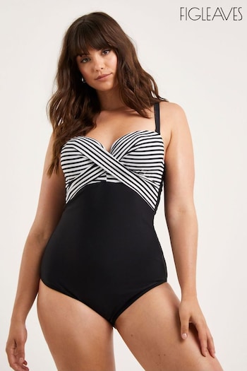 Figleaves Stripe Tailor Twist Underwired Bandeau Tummy Control Black Swimsuit- Longer Length (528978) | £47