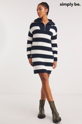 Simply Be Blue Stripe Zip Neck Rib Knitted Dress (529387) | £38