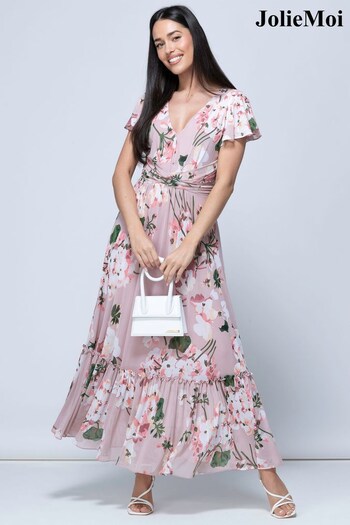 Jolie Moi Pink Kailee Mesh Floral Print Maxi Dress (530220) | £85
