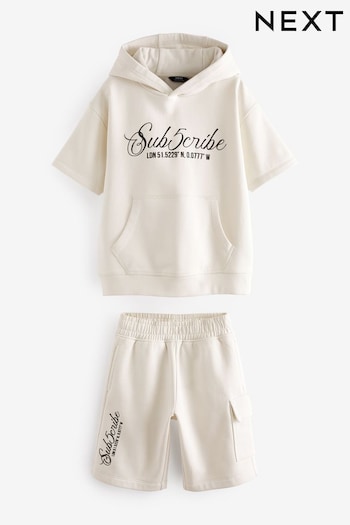 Ecru White Short Sleeve Ruched Hoodie and Shorts Set (3-16yrs) (530732) | £23 - £31