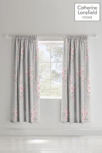 Catherine Lansfield Grey Canterbury Floral Pencil Pleat Curtains (531074) | £40