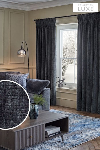 Slate Blue CerbeShops Collection Luxe Plush Chenille Pencil Pleat Lined Curtains (531405) | £100 - £225