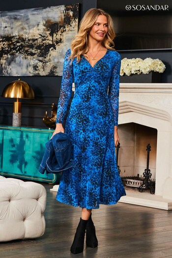 Sosandar Blue Mesh Twist Front Fit And Flare Dress (531471) | £75