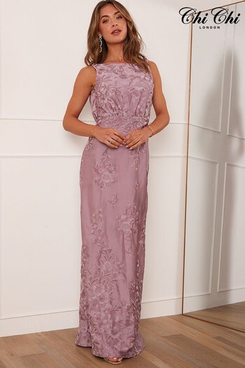 Chi Chi London Purple Embroidered Lace Cowl Back Maxi Dress (532607) | £130