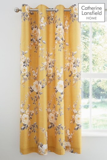 Catherine Lansfield Ochre Yellow Canterbury Floral Eyelet Curtains (532792) | £40