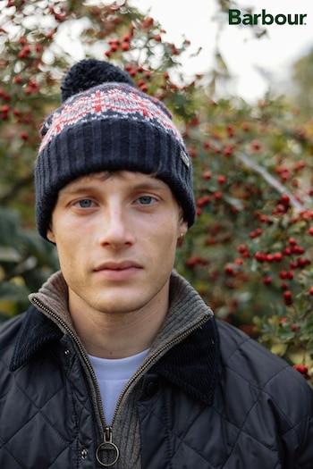 Barbour® Dark Blue Case Fairisle Pattern Pom Beanie Hat (533553) | £30