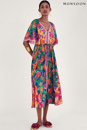 Monsoon Orange Contrast Floral Print Dress in LENZING™ ECOVERO™ (533562) | £75