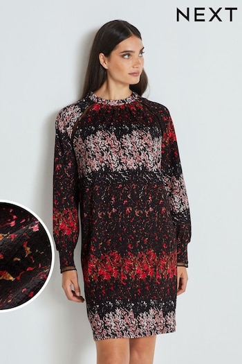 Black and Red Ditsy Long Sleeve Ladder Detail Mini Dress (533981) | £30
