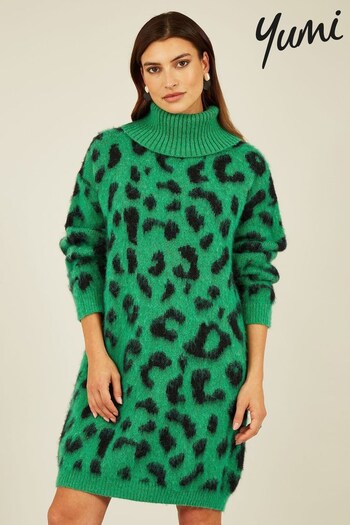 Yumi Green Animal Roll Neck Knitted Dress (534087) | £50