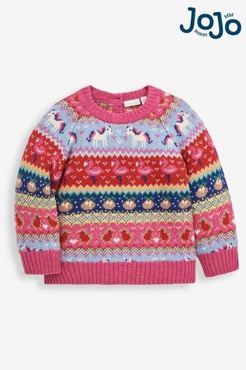 JoJo Maman Bébé Multi Girls' Unicorn Fair Isle Jumper (534089) | £29