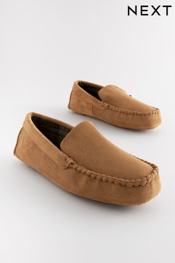 Tan Brown Check Lined Moccasin Slippers (534377) | £26