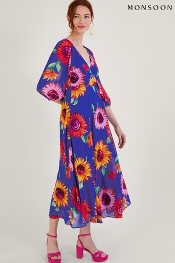 Monsoon Blue Francesca Floral Print Sustainable Viscose Wrap Dress (535223) | £125