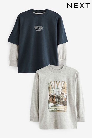 Grey/Navy Skate Long Sleeve Graphic T-Shirts 2 Pack (3-16yrs) (535650) | £18 - £26