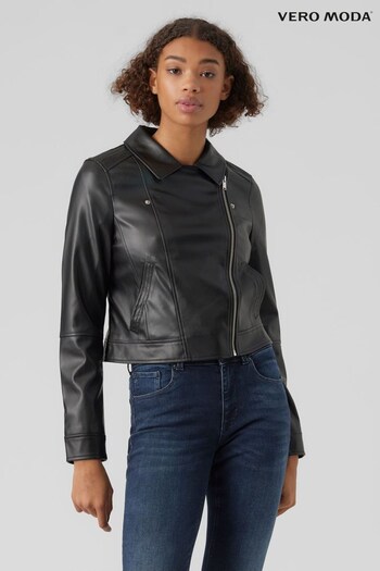 VERO MODA Black Cropped Faux Leather Biker Jacket (535706) | £40