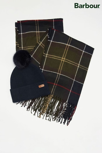 Barbour® Navy Dover Pom Beanie And Hailes Check Scarf Boxed Gift Set (535907) | £55