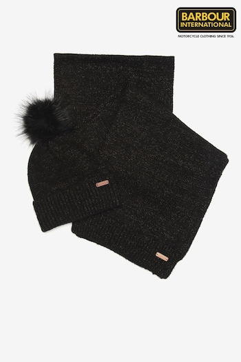 Barbour® International Sparkle Black Pom Beanie Hat and Scarf Boxed Gift Set (535978) | £55