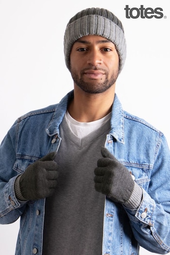 Totes Grey Mens Chunky Knitted Hat & Gloves Set (536254) | £22