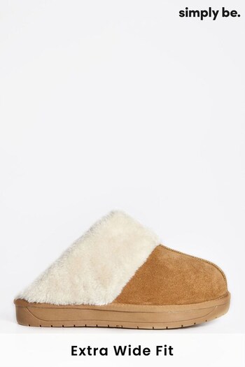 Simply Be Natural Chestnut Suede Central Seam Slippers In Extra Wide Fit (536448) | £25