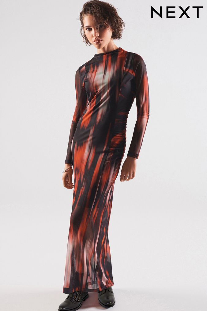 Red and Black Smudge Print Long Sleeve Mesh Midi Dress (536504) | £42
