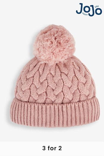 JoJo Maman Bébé Pink Girls' Chunky Cable Knit Pom Pom Hat (536921) | £14.50