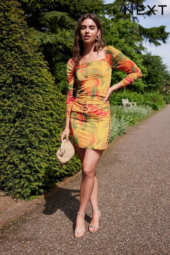 Yellow Tropical Print Kew Collection Ruched Mesh Square Neck Mini Dress (537238) | £58