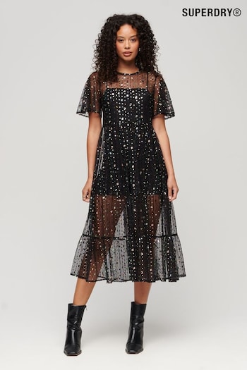 Superdry Black Sheer Sequin Woven Midi Dress (537674) | £100