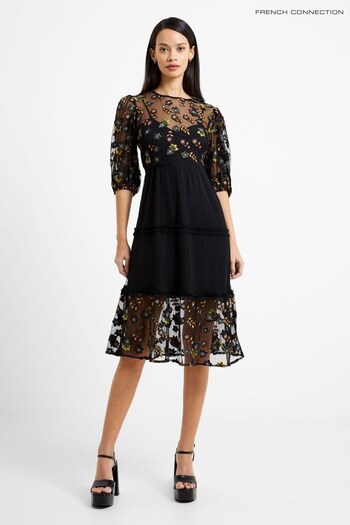 French Connection Cami Elle Embroidered Embroidered MIDI Black Dress (537894) | £130