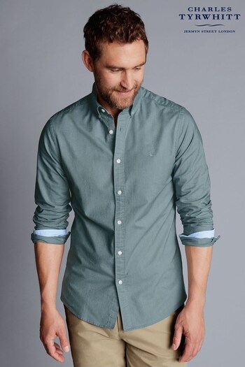 Charles Tyrwhitt Green Plain Slim Fit Button-down Washed Oxford Shirt (538263) | £60