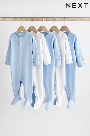 Blue/White 5 Pack Cotton Baby Sleepsuits (0-2yrs) (538373) | £18 - £20