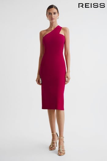 Reiss Pink Lola Knitted One Shoulder Bodycon Midi Dress (538411) | £158