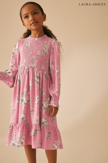 Laura Ashley Pink Shirred Midi Pink Floral Dress Bord (538446) | £29 - £33