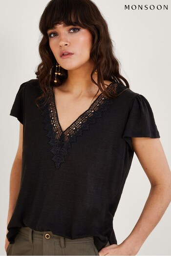 Monsoon Lace V-Neck Short Sleeve Black Top in Linen Blend (538476) | £49
